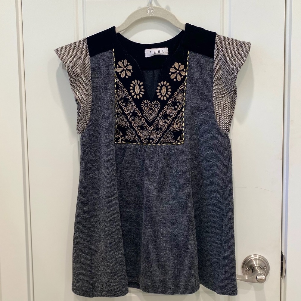 NWOT THML Embroidered Tweed Top